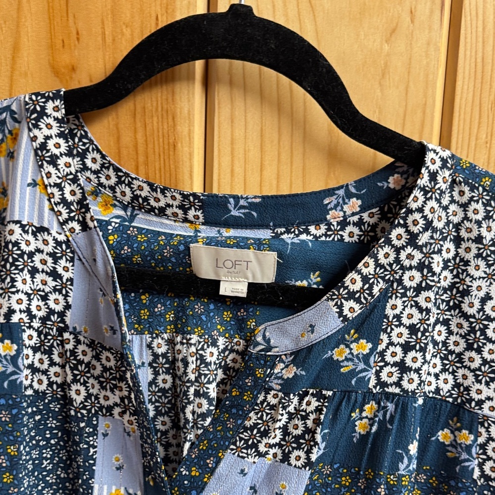 LOFT Blue and White Floral Patchwork Blouse - Picture 2 of 4